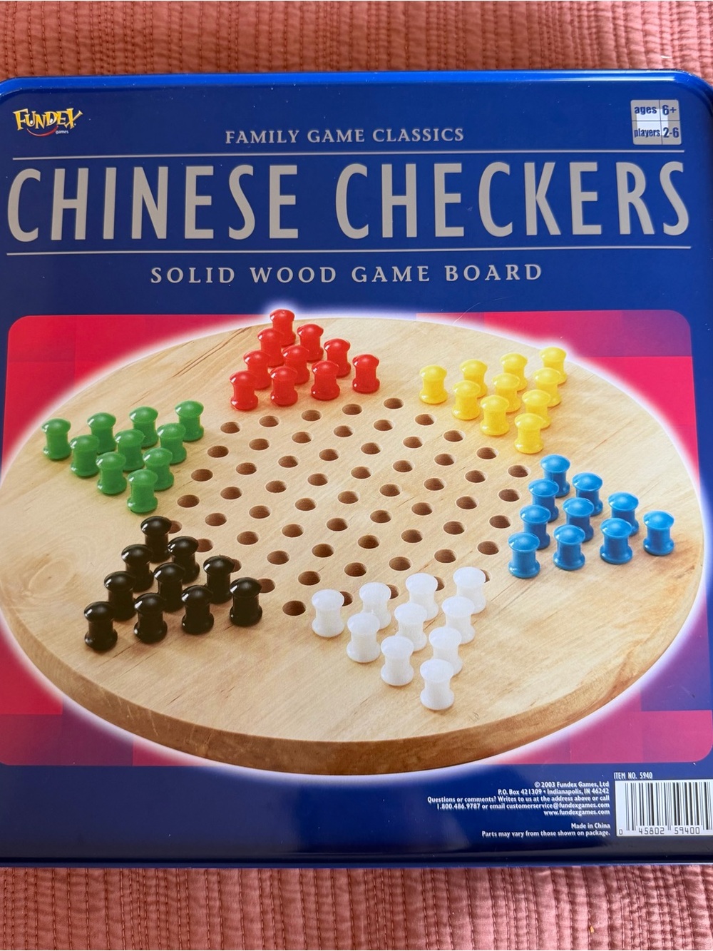 Chinese Checkers Solid Wood Game Board - Blue Tin with Multicolor Pegs New
